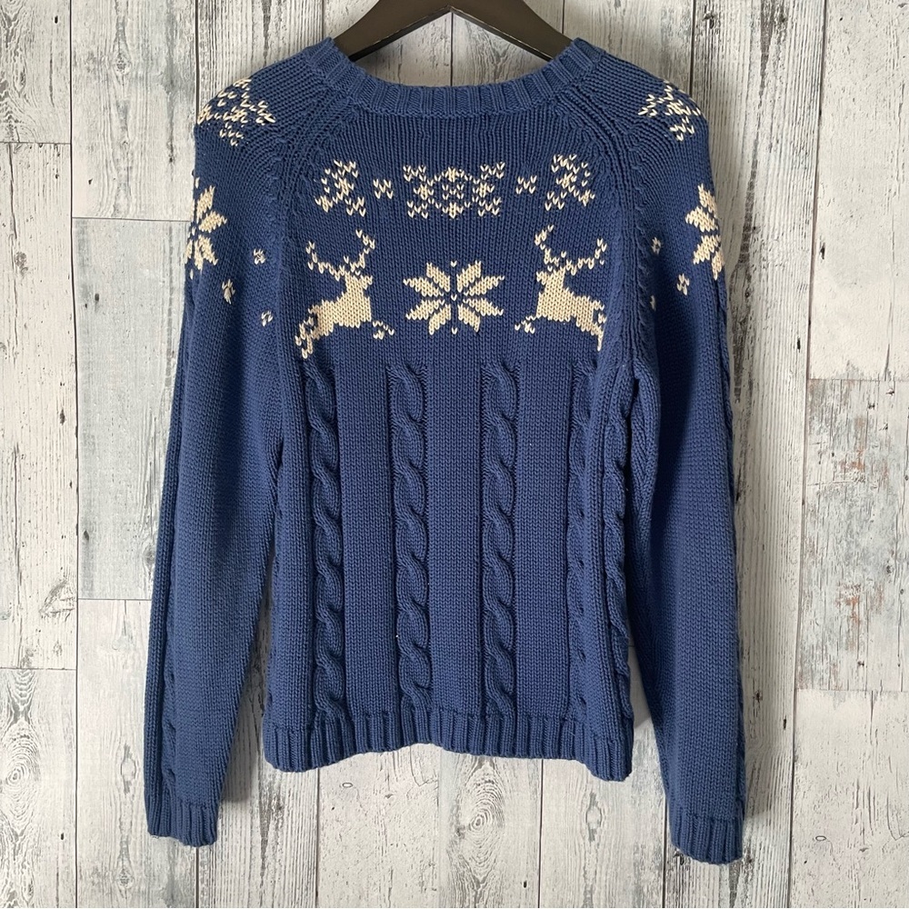 Land’s End Vintage 90’s Blue Cable Knit Fair Isle Reindeer Snowflake Sweater Med - Picture 2 of 7